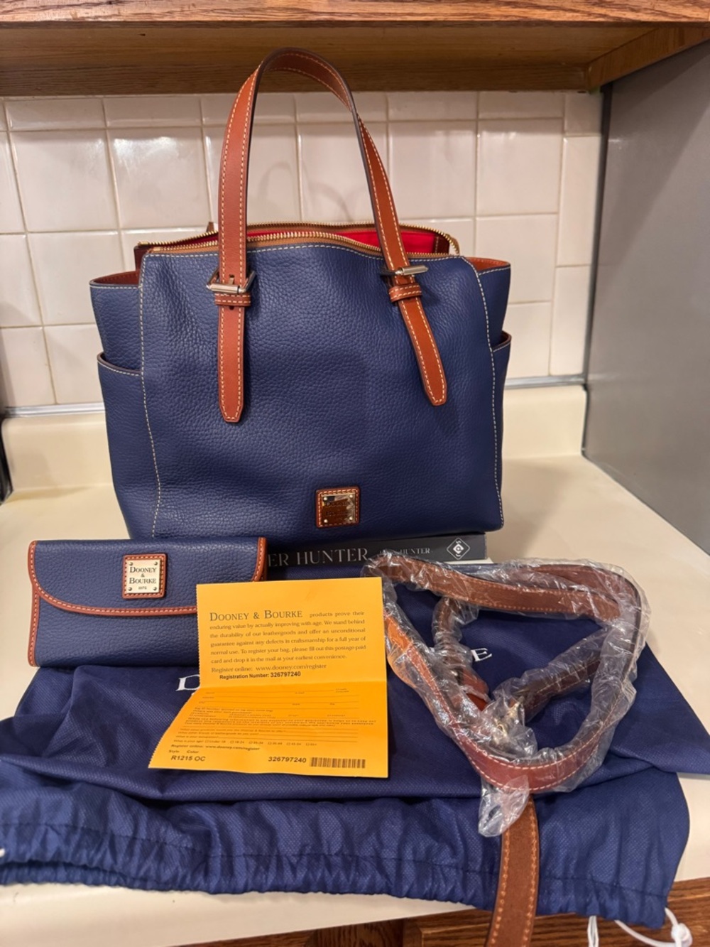 Dooney & Bourke Blue Pebbled Leather Tote with Brown Trim